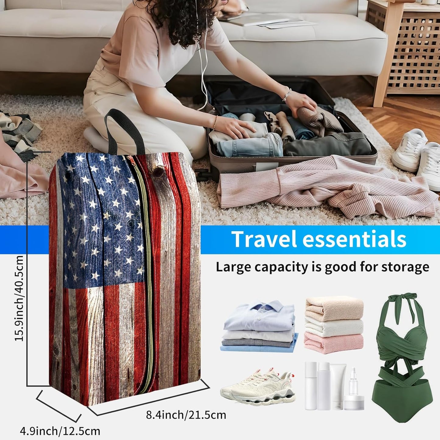 2pcs Shoe Organizer for Travel, Packing Shoe Travel Bags, Cute Shoe Bag with Zipper & Handle, Portable Travel Essentials for Women and Men USA Flag