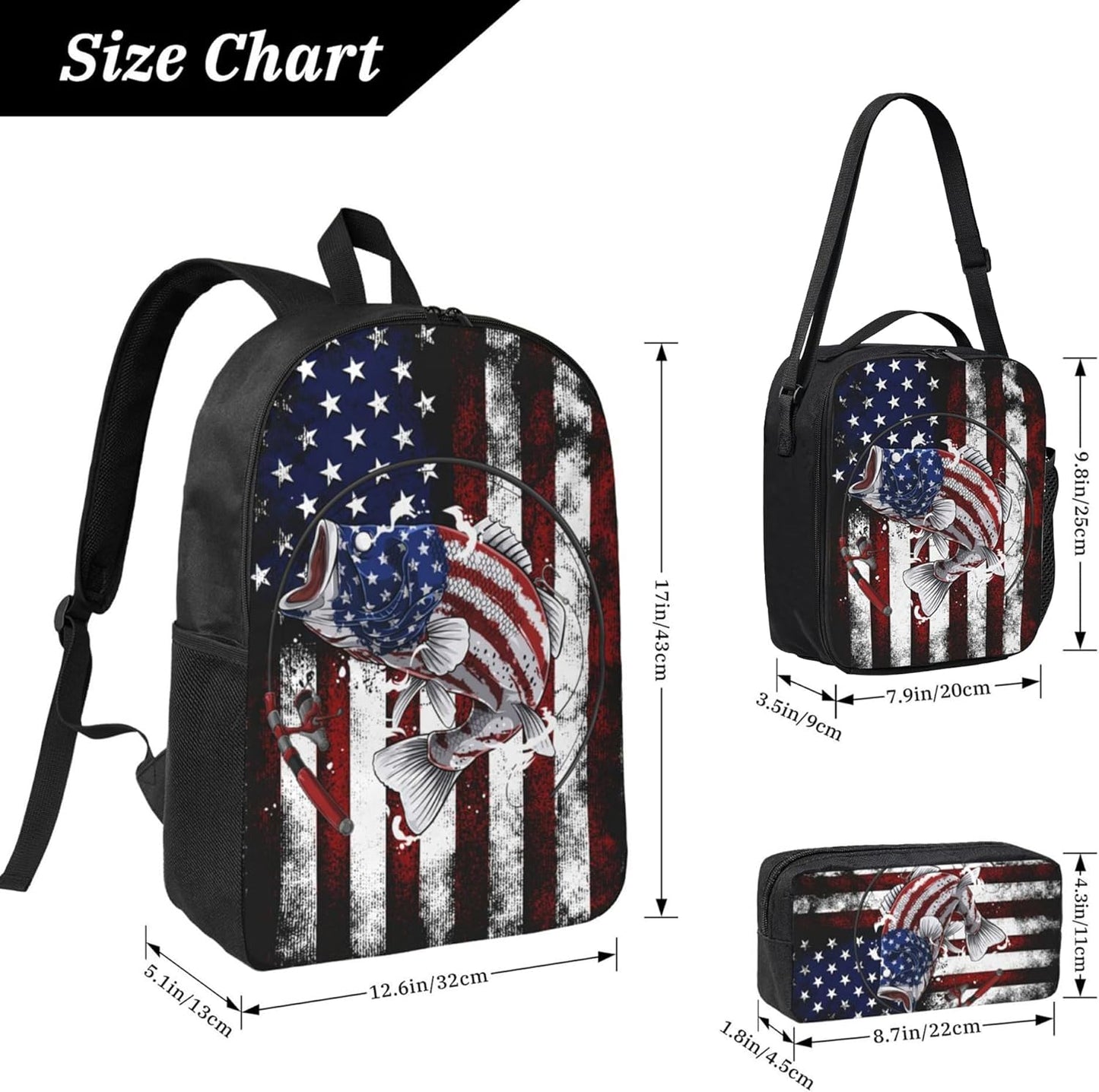 USA Fish Kid Backpack Set with Lunch Bag & Pencil Case Large Capacity School Bag 17 Inch Bookbag for Boy Girl
