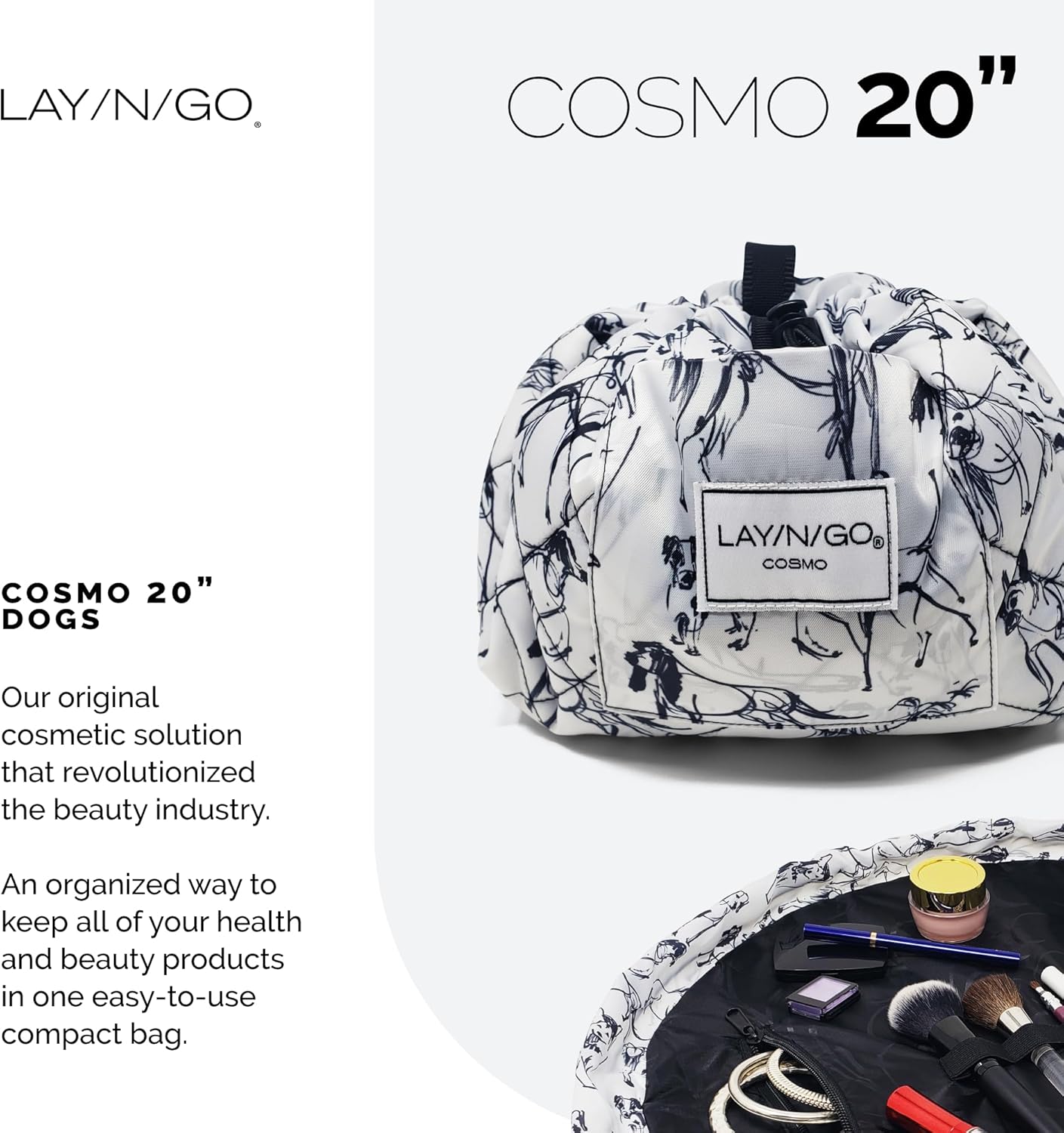 Lay-n-Go Cosmo Layflat Drawstring Cosmetic & Makeup Bag Organizer w/Zipper Pocket, Brush Loops & More, Cinch to Close, Lay Flat to Use, Durable, Machine Wash, Travel Toiletry Bag (20", Dogs)