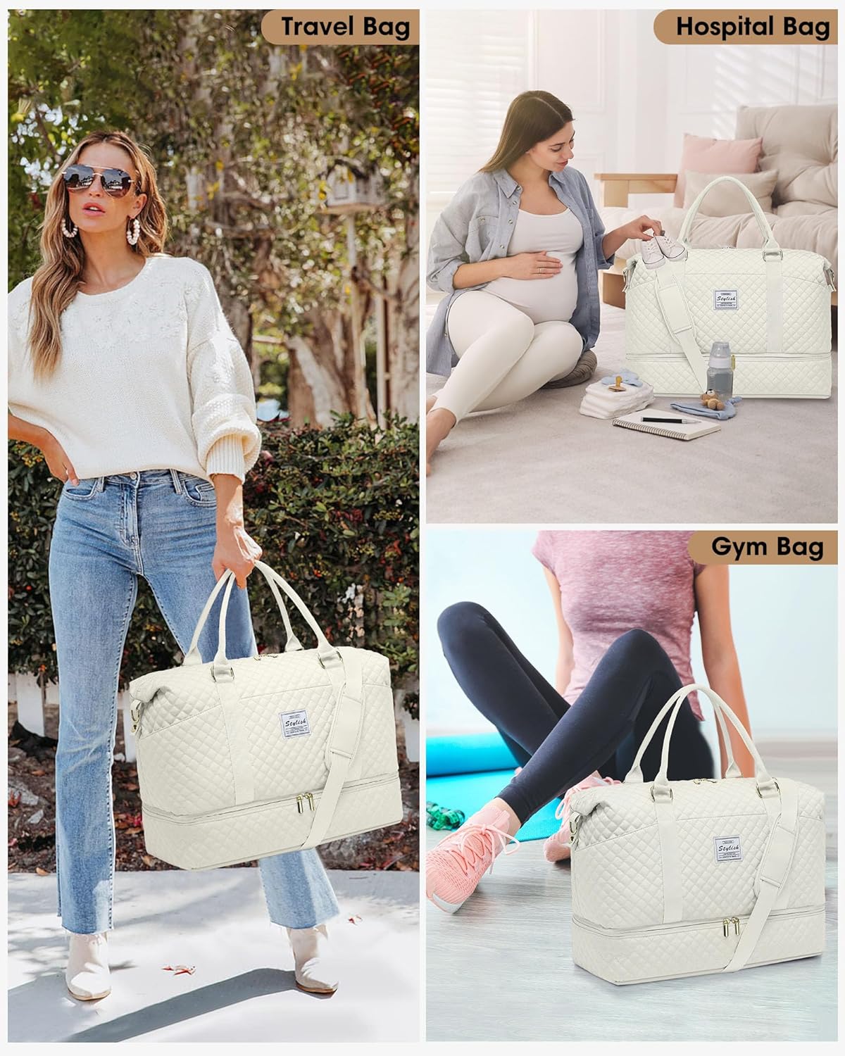 Women Weekender Travel Duffle Bag: Travel Duffel Overnight Bags with Shoe Compartment Large Carry on Tote Bag Toiletry Bag Weekend Yoga Gym Hospital Bags for Labor and Delivery with Wet Pocket Beige