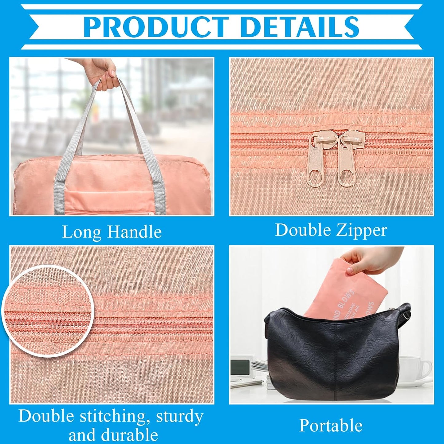 2PCS Travel Duffle Bag Tote Carry on Bag Nylon Lightweight Foldable Travel Bag Water Resistant Sports Gym Duffle Weekender Overnight Bags (Pink+Blue+2Pe bag)