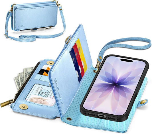 TUCCH Crossbody Detachable Wallet Case for iPhone 17 (6.3"), 9 Card Slots RFID Blocking | Wireless Charging | Wrist Strap Lanyard | Stand | Zipper Pocket | PU Leather Phone Cover | Pearly Light Blue
