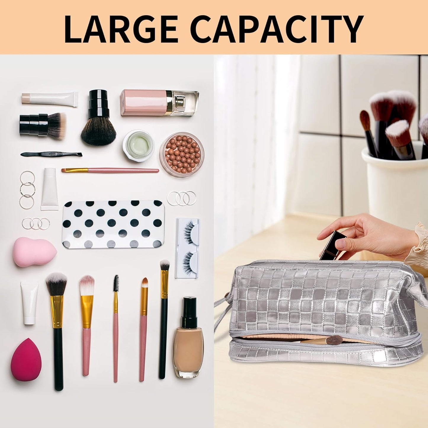 Abiudeng Large Capacity Makeup Bag Ladies Cosmetic Bag Travel Bag with Compartments Portable PU Leather Travel Makeup Bag with Handle