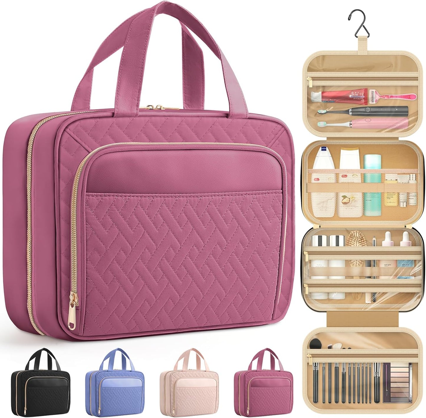 HOTOR Travel Toiletry Bag for Women & Men, Waterproof Makeup Bag with Hanging Hook and Multiple Pockets, Cosmetic Bags for Women, Travel Essentials, 12.6'' x 4.3'' x 9.9'', Rosewood-Pink