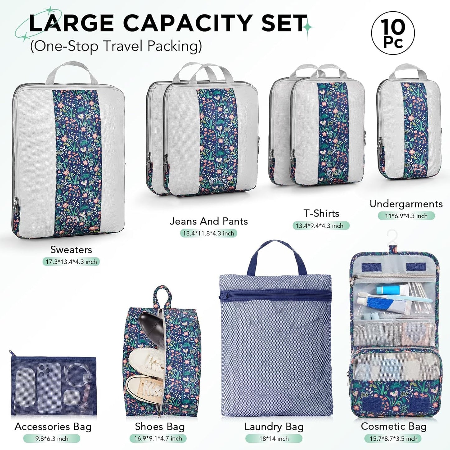 10 Set Compression Packing Cubes for Travel Essentials,Compressible Expandable Packing Cubes for Suitcase,OlarHike Luggage Organizer Bags,Handy Helper for Organizing Clothes(Dark Blue Floral)