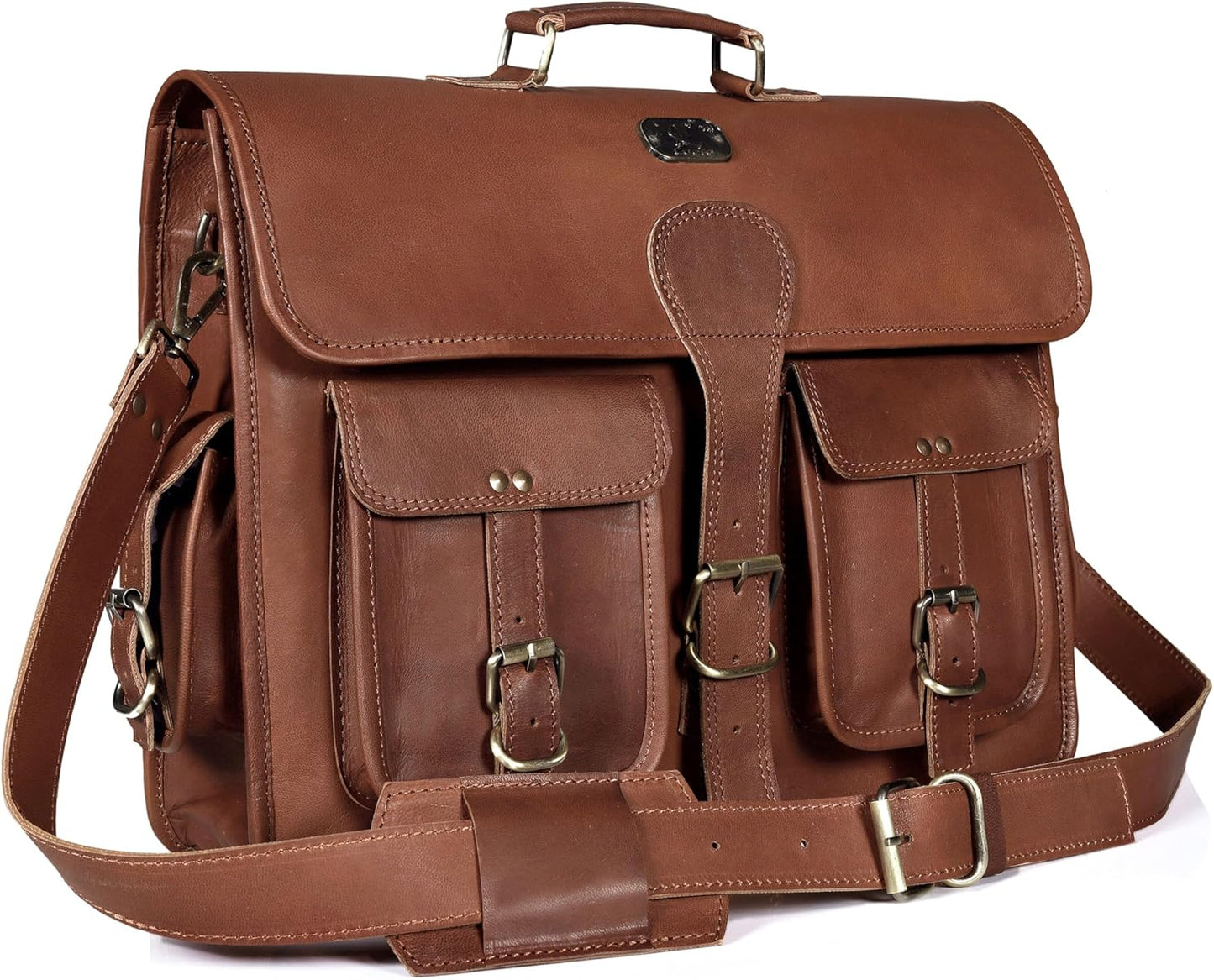 18 Inch Buffalo Leather Laptop Briefcase for Men Vintage Handmade Leather Messenger Bag for Work, Travel & Business – Rustic Brown Full Grain” Best Computer Satchel School distressed Bag