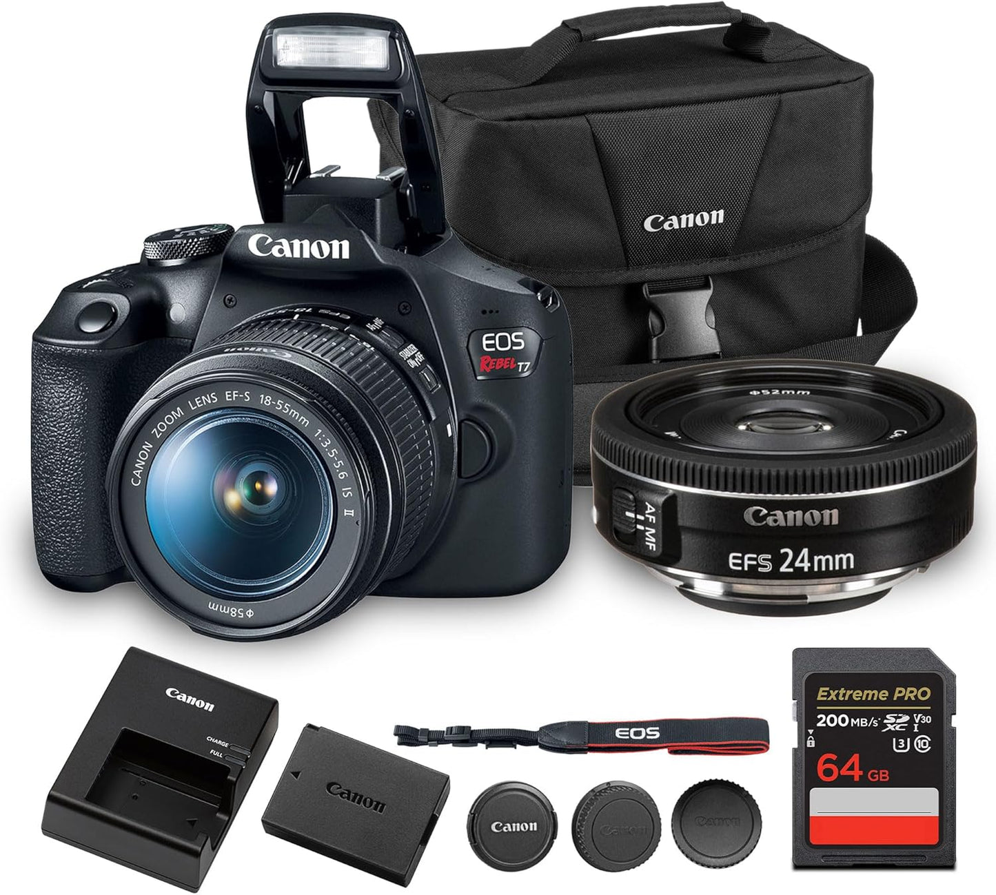 Canon EOS Rebel T7 DSLR Camera Kit | 24.1MP APS-C Sensor with EF-S 18-55mm Lens | Full HD 1080p Video Compact Beginner-Friendly Photography (2727C002) + Canon EF-S 24mm Lens + Bag + 64GB Card