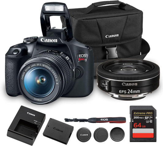 Canon EOS Rebel T7 DSLR Camera Kit | 24.1MP APS-C Sensor with EF-S 18-55mm Lens | Full HD 1080p Video Compact Beginner-Friendly Photography (2727C002) + Canon EF-S 24mm Lens + Bag + 64GB Card