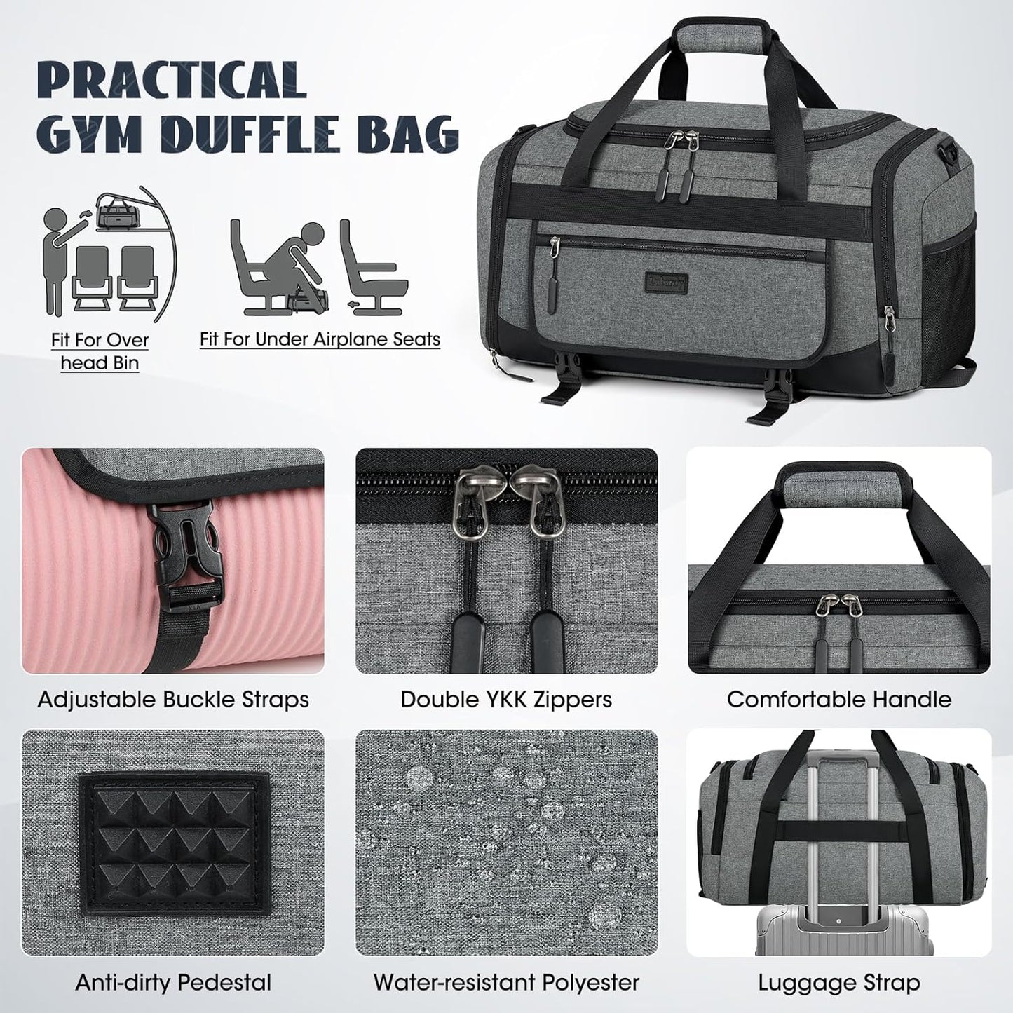 IGOLUMON Gym Bag for Men 55L Sports Duffel Bags Gym Duffle Bag Women with Shoe Compartment & Wet Pocket Water Resistant Travel Duffel Bag Lightweight Weekender Overnight Bag Gray