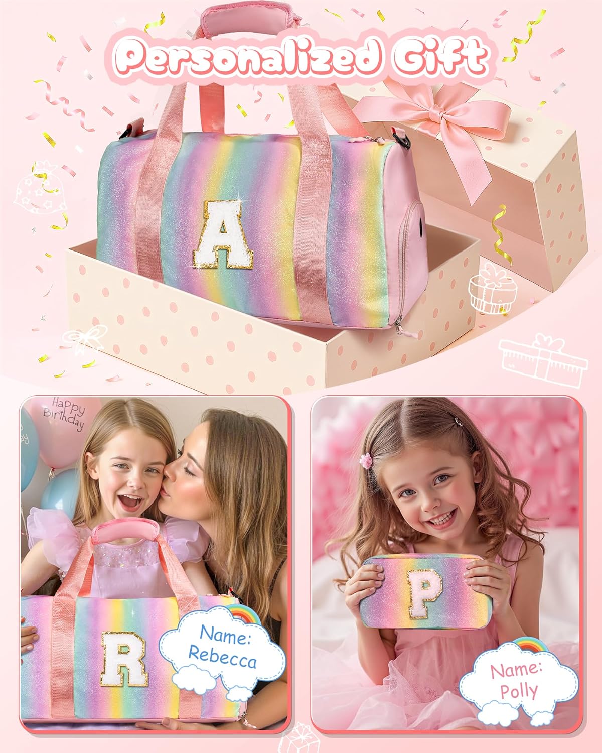 Gifts for 4 5 6 7 8 9 10 Year Old Girls-Girl Gym Bag with Shoe Compartment, Kid Personalized Weekender Overnight Bags, Initial Travel Tote with Makeup Pouch, Gift for Daughter (Letter G)