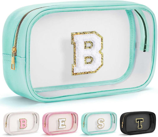 YOOLIFE Initial Make Up Bag Travel Toiletry Bag, Clear Makeup Bag Preppy Cosmetic Bags Organizer Travel Essentials Gifts for Women Teen Girlfriend Teacher Mom Birthday Mothers Day Gifts Blue B