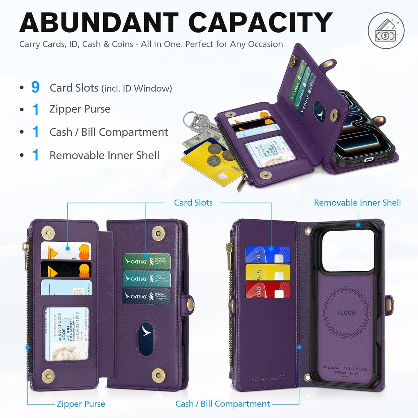 TUCCH Removable Crossbody Wallet Case for iPhone 17 Pro 6.3", RFID Blocking 9 Card Holders, Lanyard, Wrist Strap, Wireless Charging, Stand, Zipper Pocket, PU Leather, Magnetic Flip Cover, Deep Purple