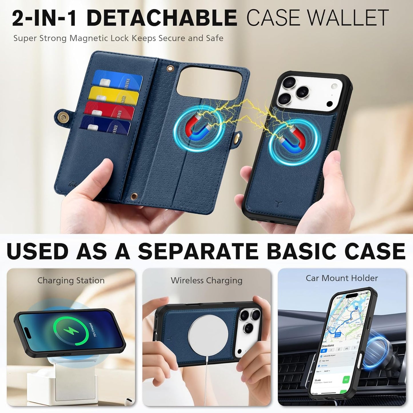 TUCCH Crossbody Detachable Wallet Case for iPhone 17 Pro Max 6.9", 10 Card Holders RFID Blocking, Wireless Charging, Stand, Wrist Strap, Lanyard, Zipper Pocket, PU Leather Shockproof Cover, Dark Blue