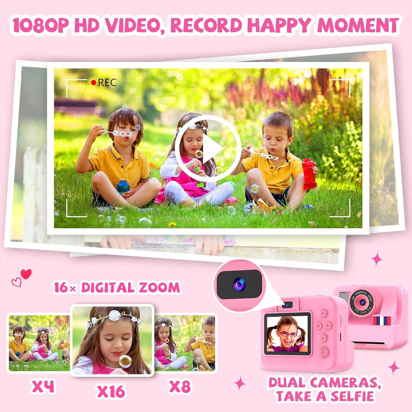 Instant Print Camera for Kids - Christmas Birthday Girls Gifts for Age 3 4 5 6 7 8 9 10 Year Old, 2.4 Inch Screen Kids Instant Camera, Kid Digital Video Cameras Toys with 32 GB SD Card
