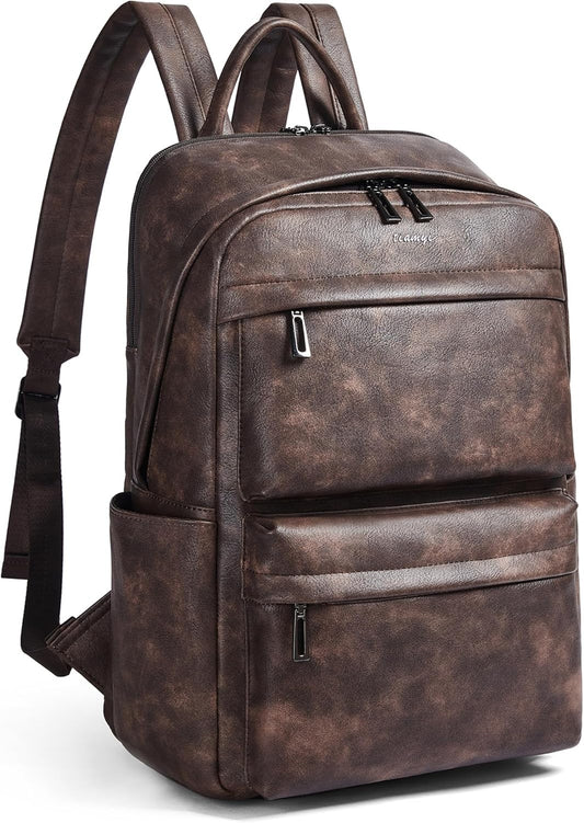 Leather Laptop Backpack for Women, Fits 15.6 Inch Laptop, Leather Backpack with 2 Water Bottle Pockets, Hidden Zipper and Luggage Strap, Ideal for Work, Travel, College, Everyday Use, Coffee
