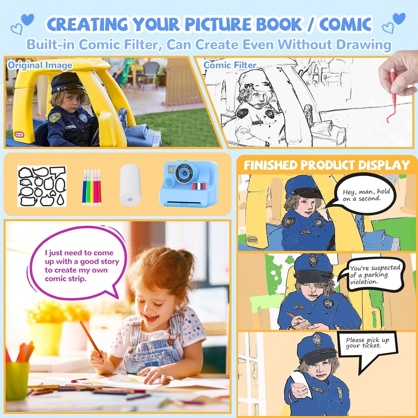 Instant Print Camera for Kids - Christmas Birthday Girls Boys Gifts for Age 3 4 5 6 7 8 9 10 Year Old, 2.4 Inch Screen Kids Instant Camera, Kid Digital Video Dual Cameras with 32 GB SD Card