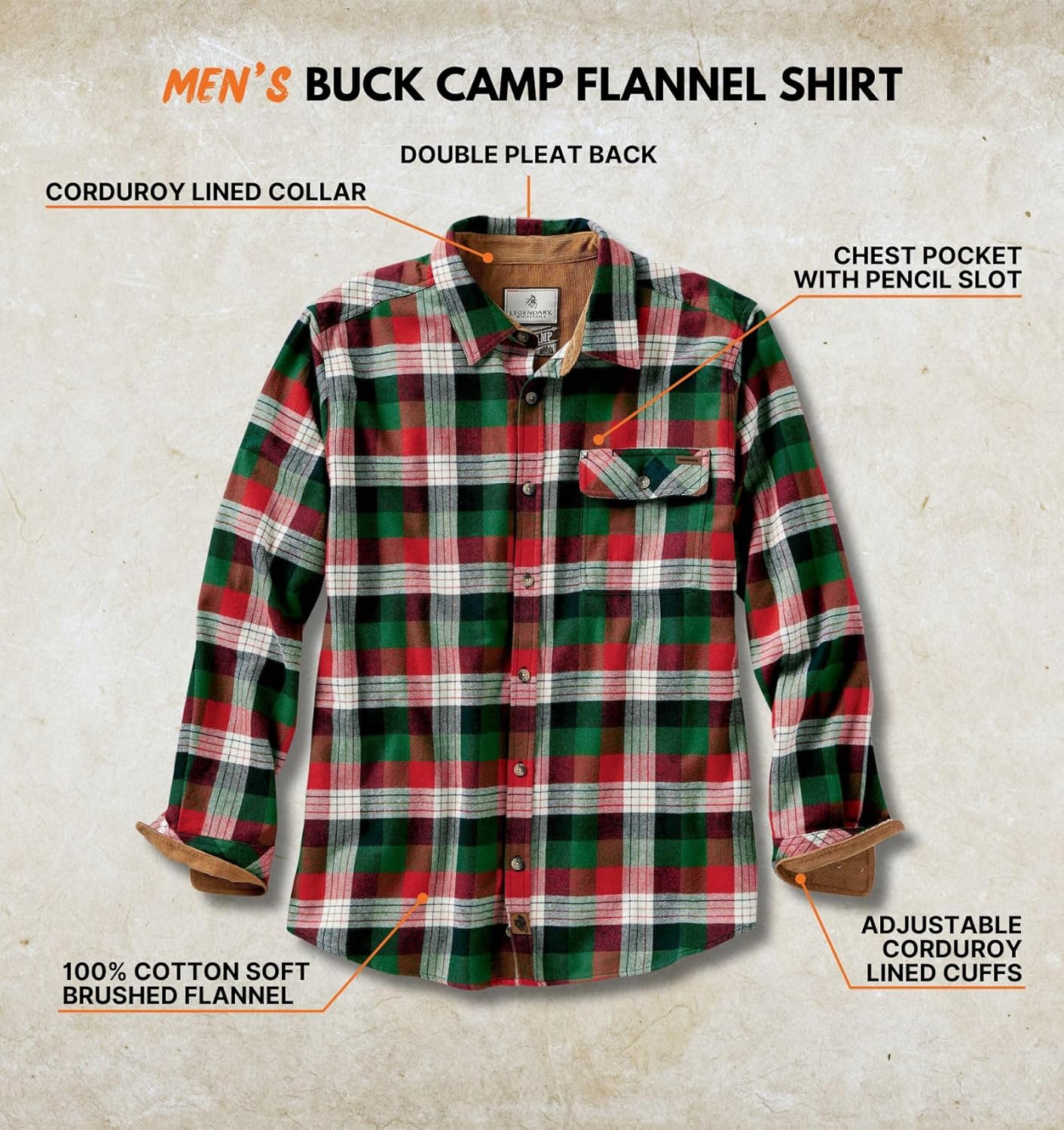 Legendary Whitetails Men's Flannel Shirt Long Sleeve Button Down 100% Cotton