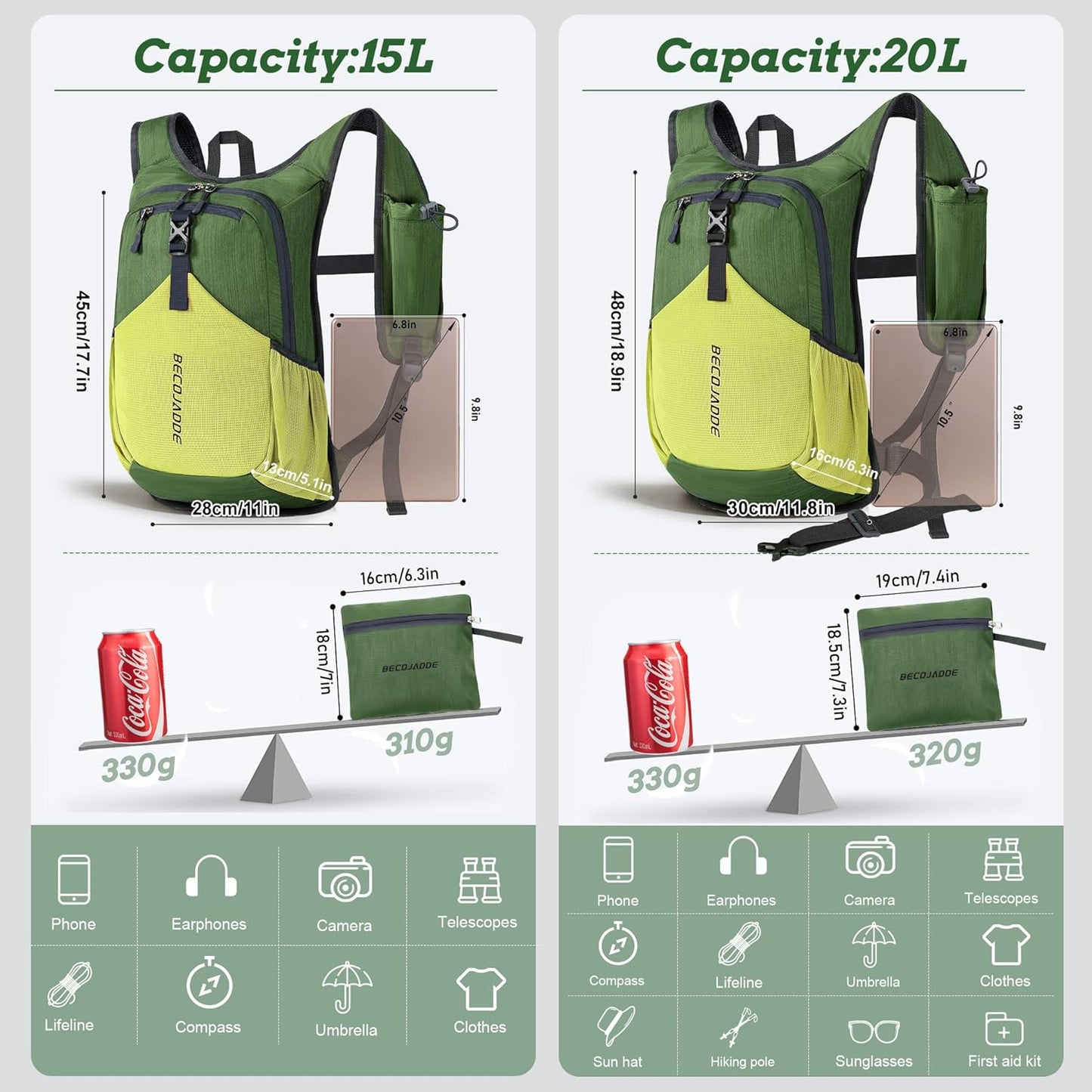 15L Small Hiking Backpack for Men Women Foldable Packable Back Pack Ultralight Hiking Daypack for Travel Camping Outdoor, Olive Green Yellow