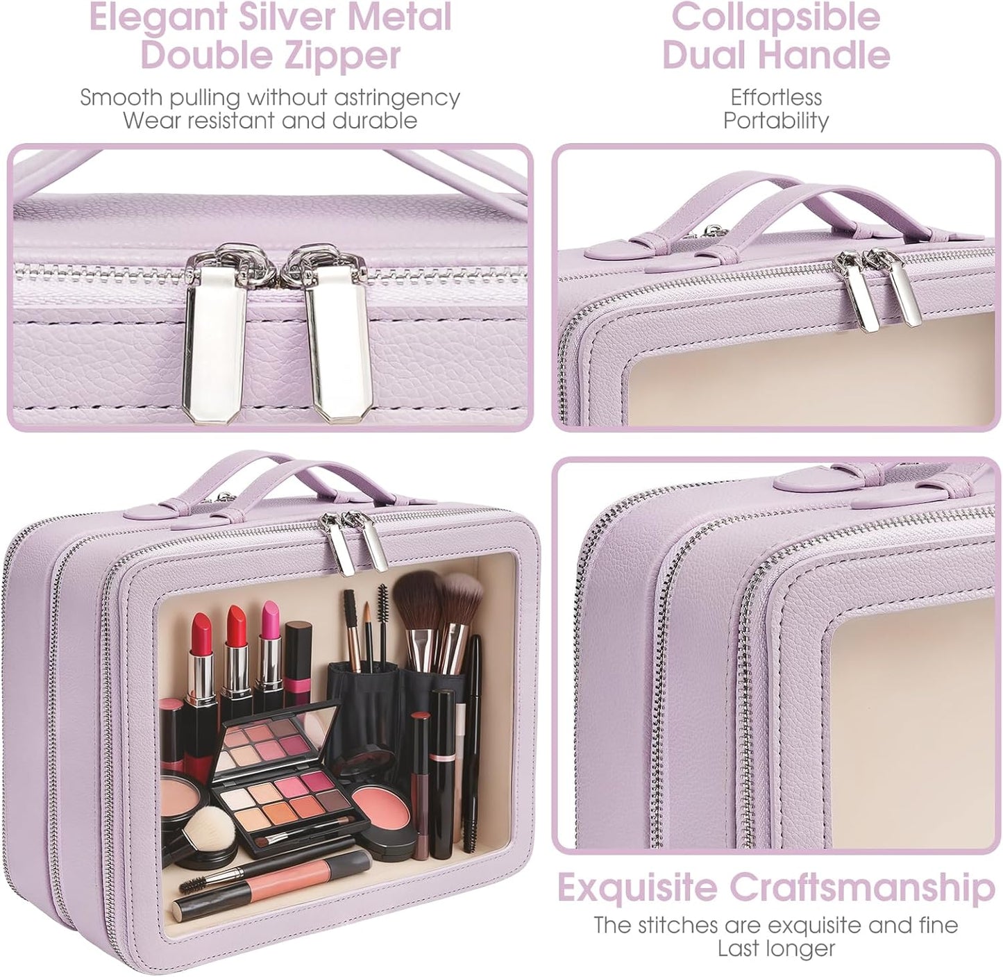 Clear Makeup Bag,Large Toiletry Case for Women,PU Leather Travel Cosmetic Bag,Detachable Makeup Case,Double Compartment Make up Organizer