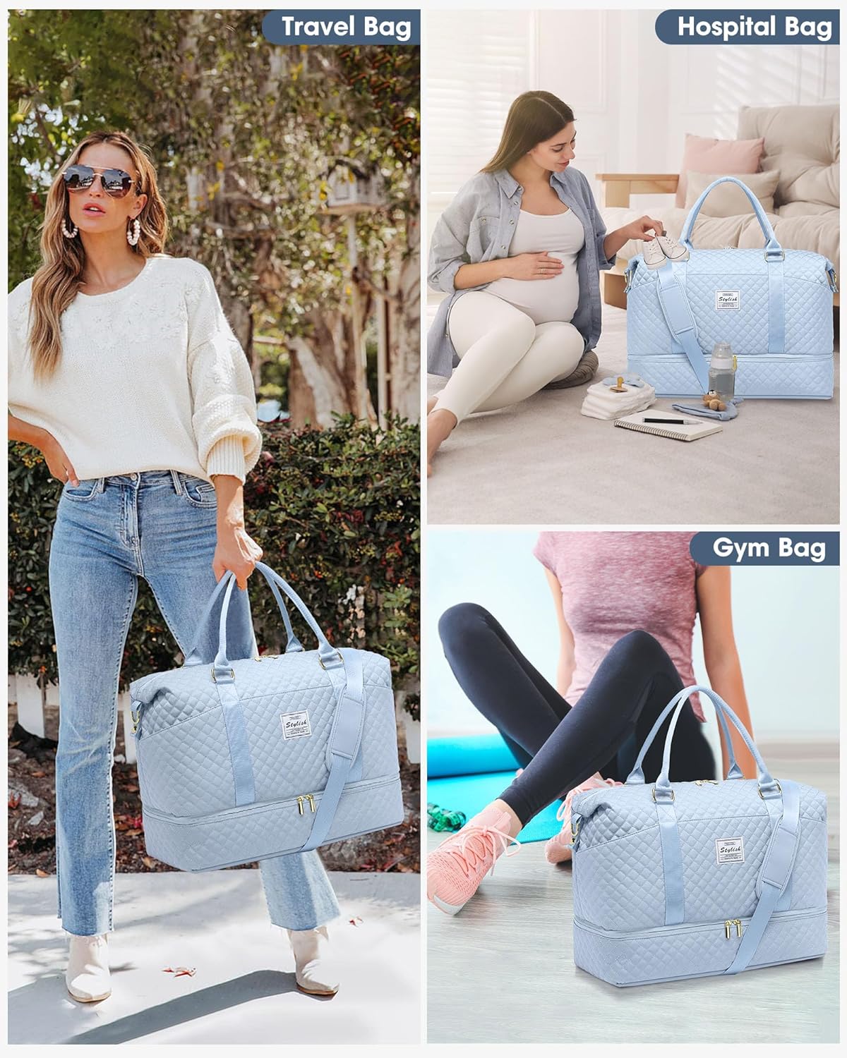Travel Overnight Bag Weekender Bags- Duffle Bags Women with Shoe Compartment Carry on Overnight Bag with Toiletry Gym Duffel with Wet Pocket Hospital Bags Light Blue
