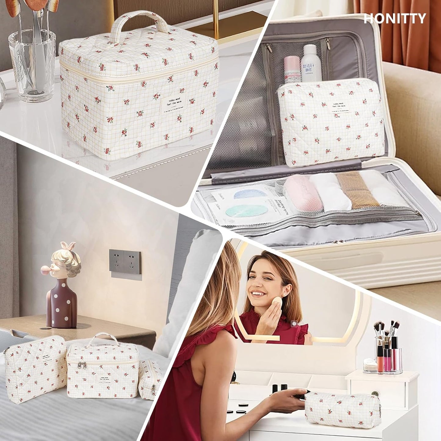 Makeup Bag,Quilted Cosmetic Bags,Large Floral Make Up Organize bag,Makeup Bag Set for Women,Flower Travel Toiletry Bag