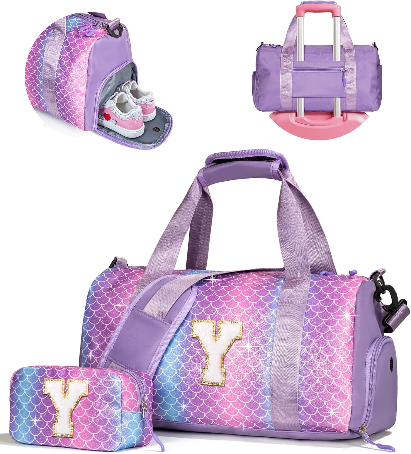 Christmas Gifts for Kids-Girl Gym Bag with Shoe Compartment, Kid Personalized Weekender Overnight Bags, Initial Travel Tote with Makeup Pouch, Graduation Gift for Girls (Letter Y)