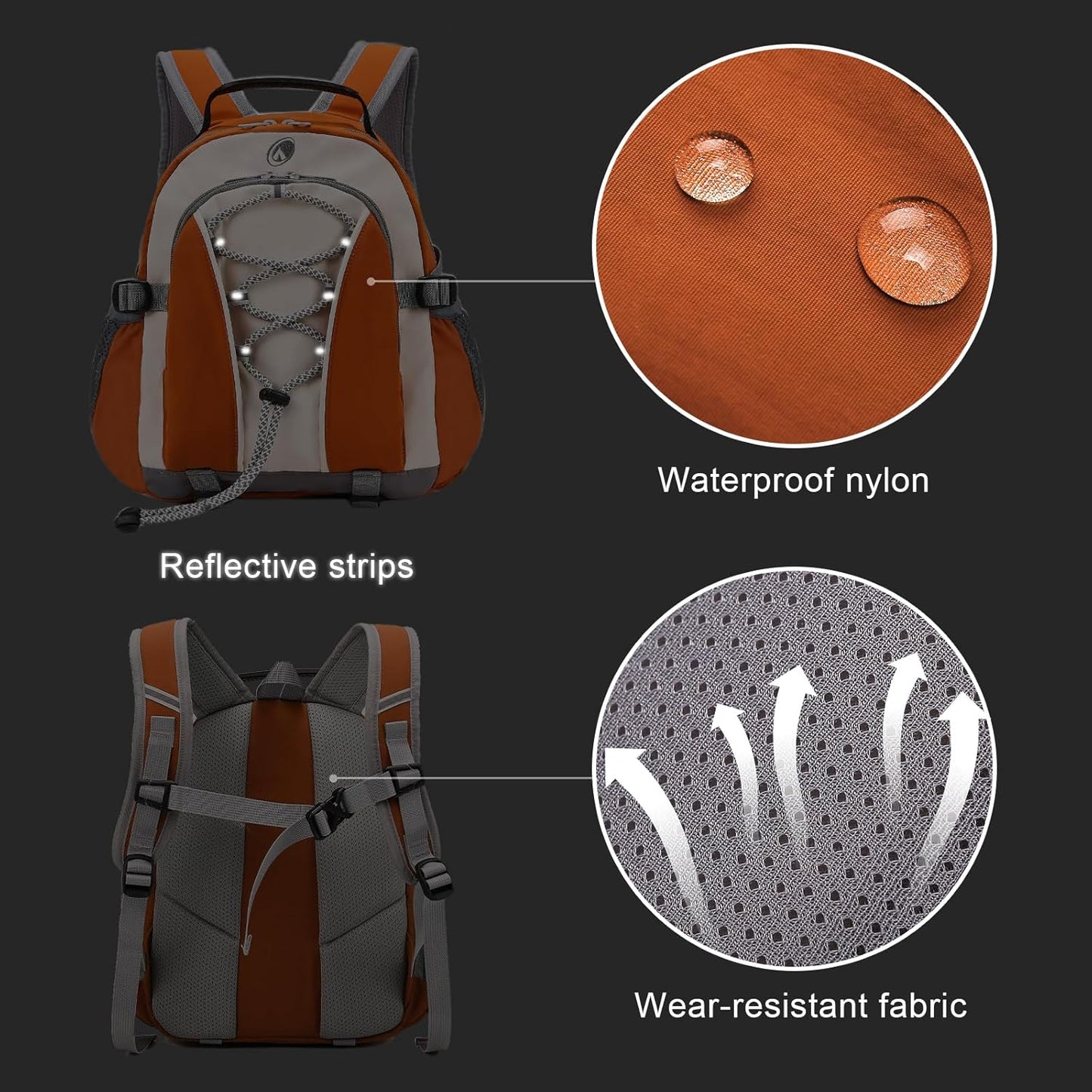 10L Orange Mini Kids Hiking Backpack with Chest Strap for Girls Boys, Small Hiking Daypack with Padded Straps for Men Women