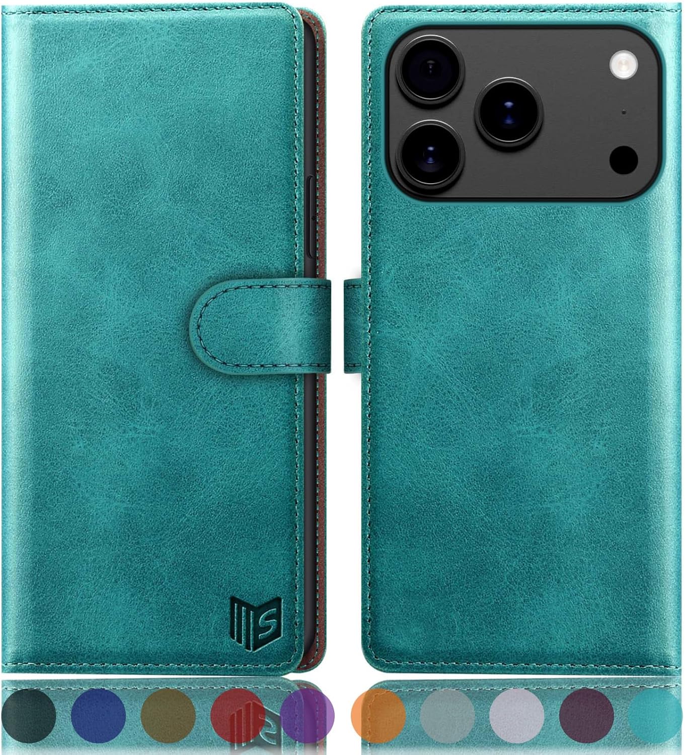 SUANPOT Compatible with iPhone 17 Pro Max 6.9" Wallet case with RFID Blocking Credit Card Holder,Flip Book PU Leather Protective Cover Women Men for Apple 17 Pro Max Phone case Blue Green