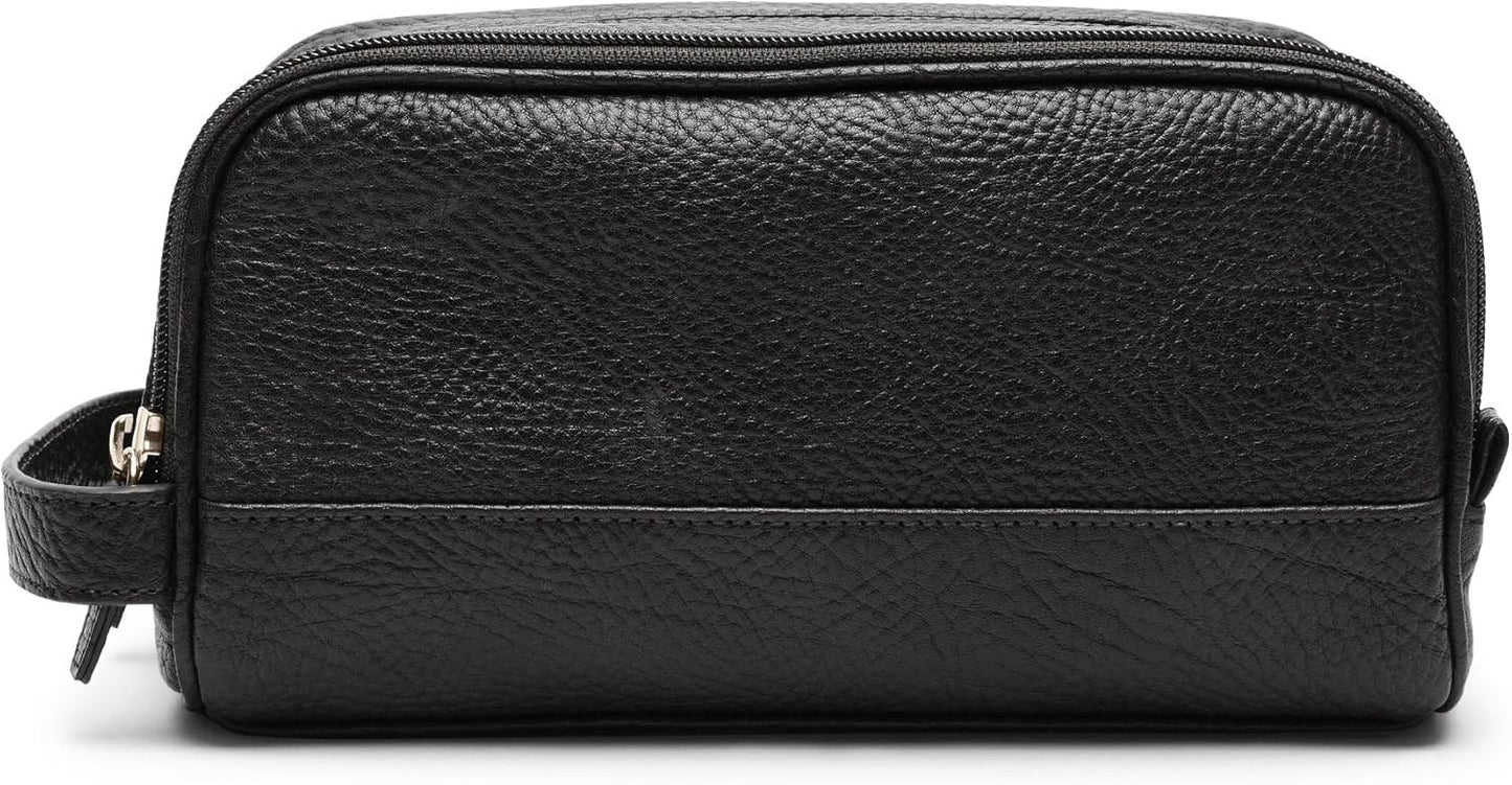 Leatherology Premium Ebony Leather Toiletry Bag – Small Double Zip Dopp Kit – Full Grain Leather Travel Organizer with Water-Resistant Lining – Compact Grooming Bag for Men or Women