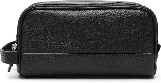 Leatherology Premium Ebony Leather Toiletry Bag – Small Double Zip Dopp Kit – Full Grain Leather Travel Organizer with Water-Resistant Lining – Compact Grooming Bag for Men or Women