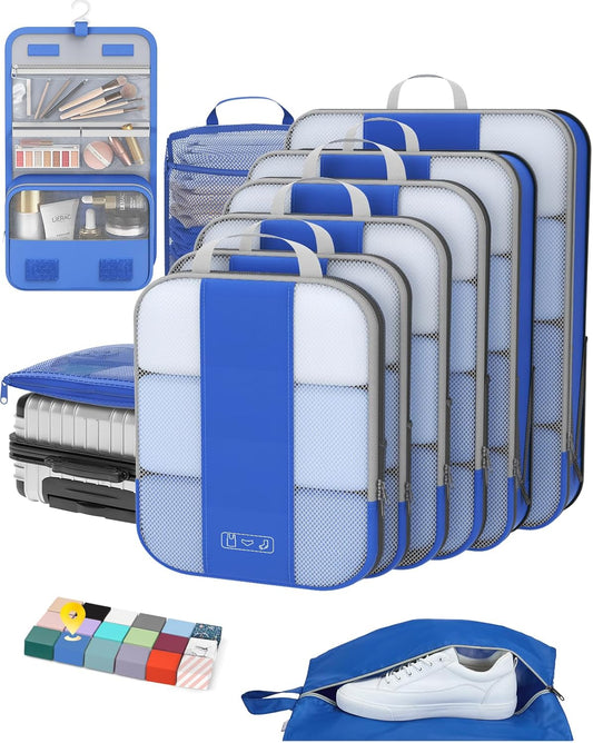 10 Set Compression Packing Cubes for Travel Essentials,Compressible Expandable Packing Cubes for Suitcase,OlarHike Luggage Organizer Bags for Travel,Handy Helper for Organizing Clothes(Klein Blue)
