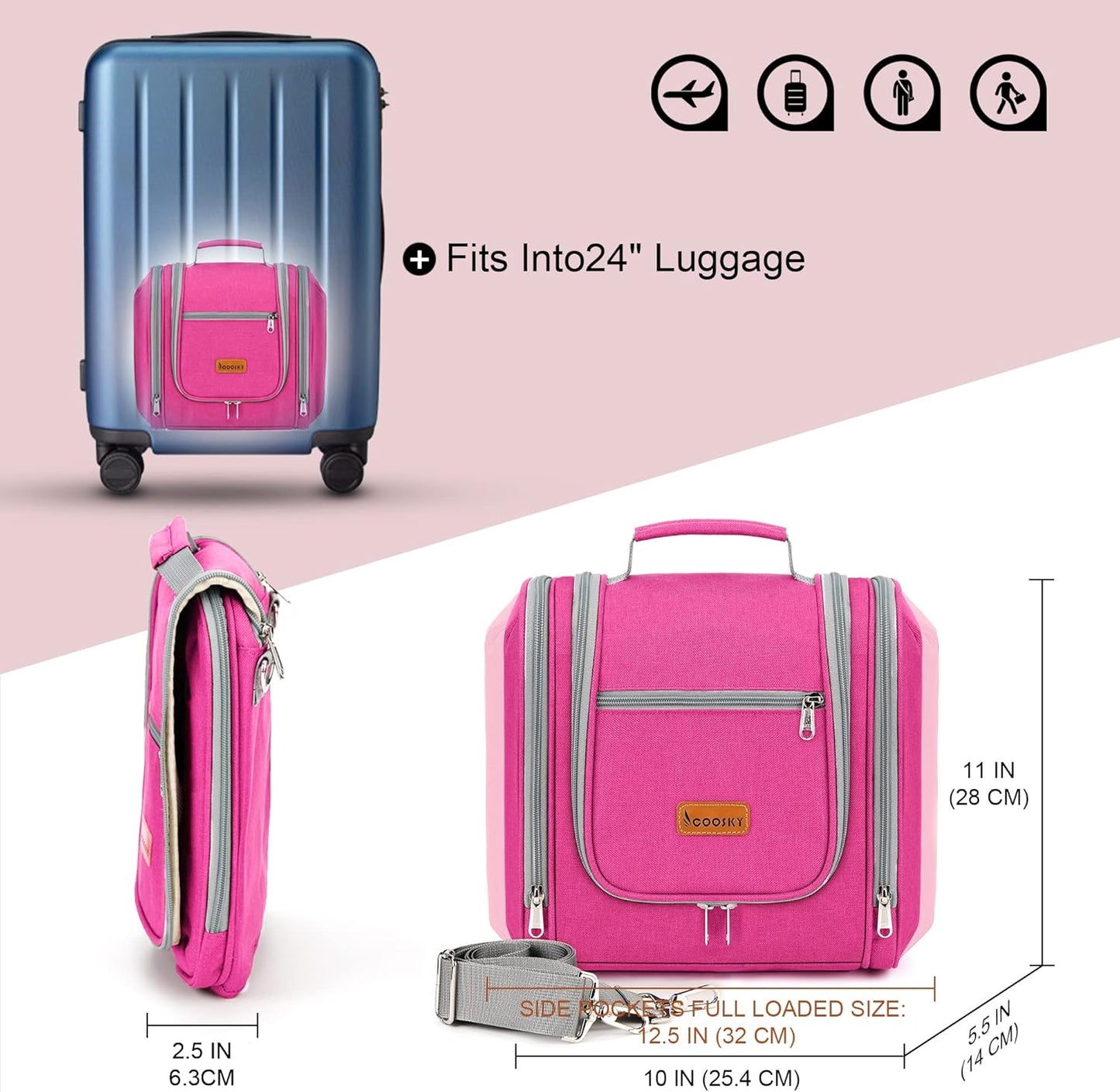 Hanging Travel Toiletry Bag for Women and Men, 6 Organizer Compartments, Extra Large Toiletries Bag, Bathroom Cosmetic Bag, Water-resistant Makeup Bag, Holds Full-Size Shampoo, Rose Red