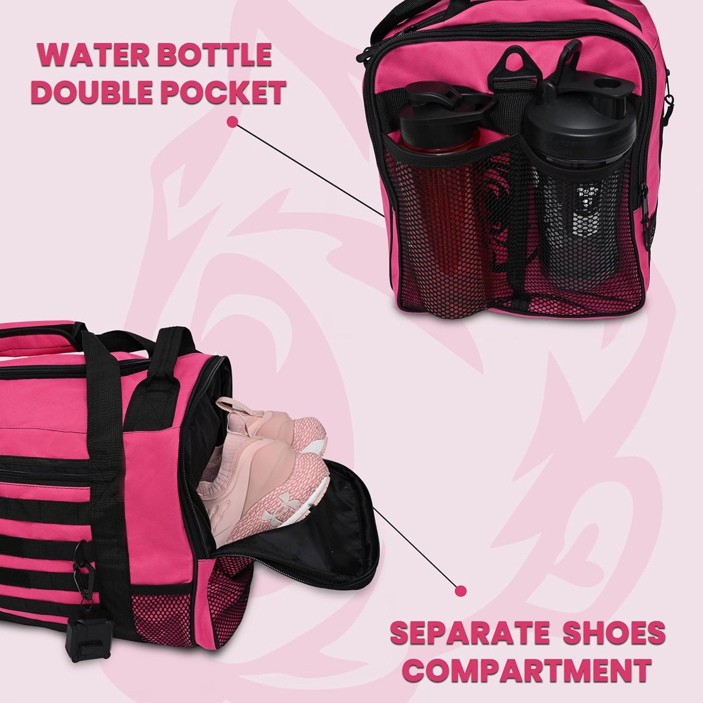 Beast Power Gear Gym Duffle Bag- Workout, Boxing, MMA, Sports Bag with Shoes Compartment and Adjustable Shoulder Strap for Men and Women (Pink/Black)