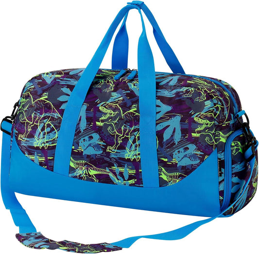 Choco Mocha Kids Dinosaur Duffle Bag - Boys Travel & Overnight Bag for Kids - Blue