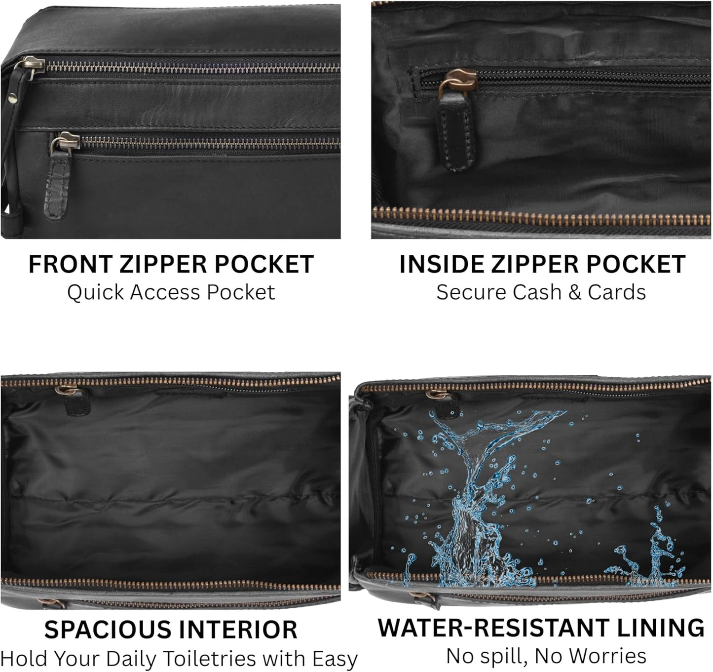 Leather Travel Toiletry Bag for Men & Women – Genuine Leather Dopp Kit, Shaving Organizer, Waterproof Lining, Spacious Toiletry Organizer Gift for Unisex - Midnight Black