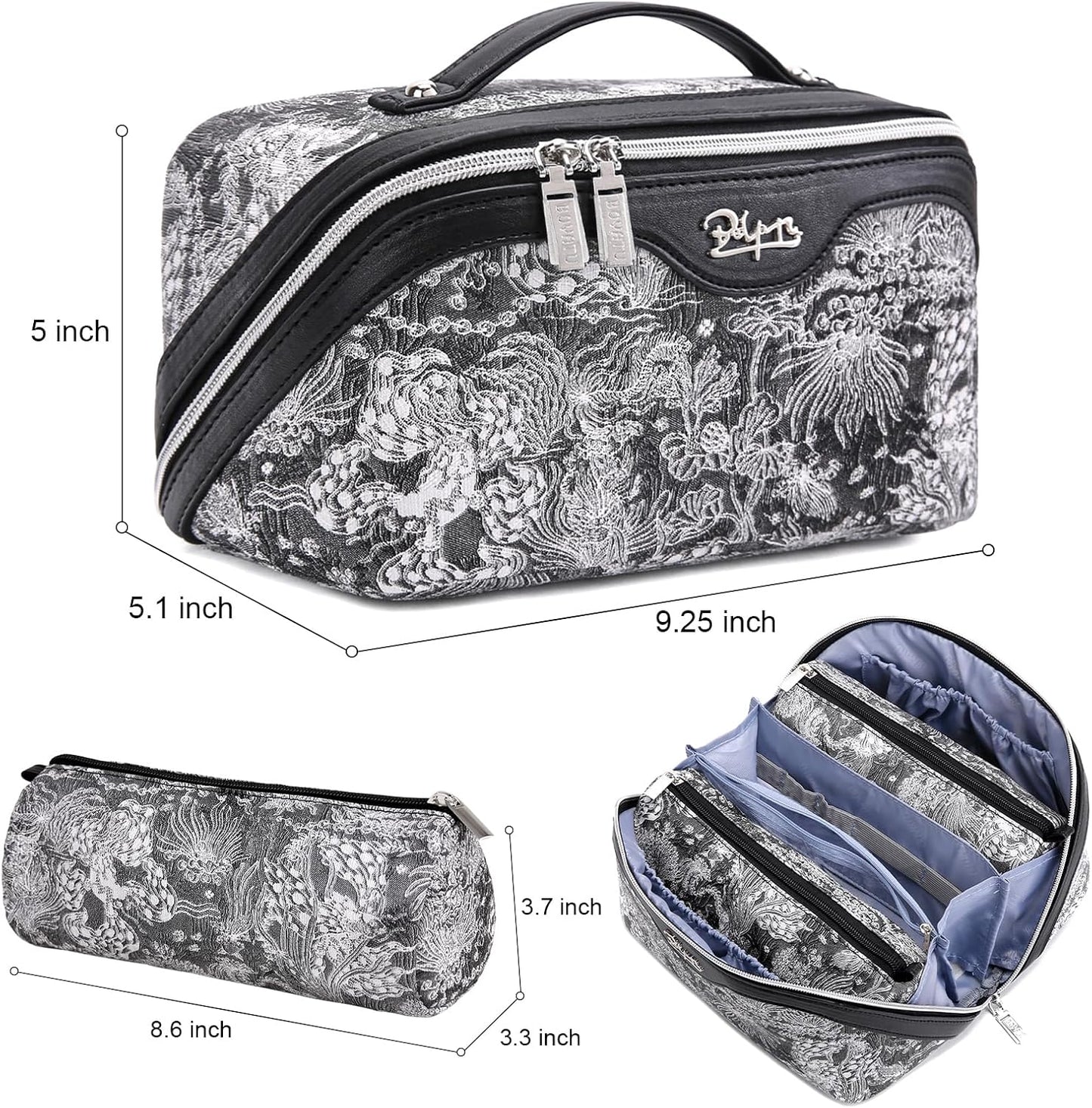 BOYATU Travel Makeup Bag for Women: Large Capacity Make up Bag with Compartments - Vegan Leather Cosmetic Bag set of 3 - Waterproof Toiletry Bag with Handle & Divider(E-2-Black)