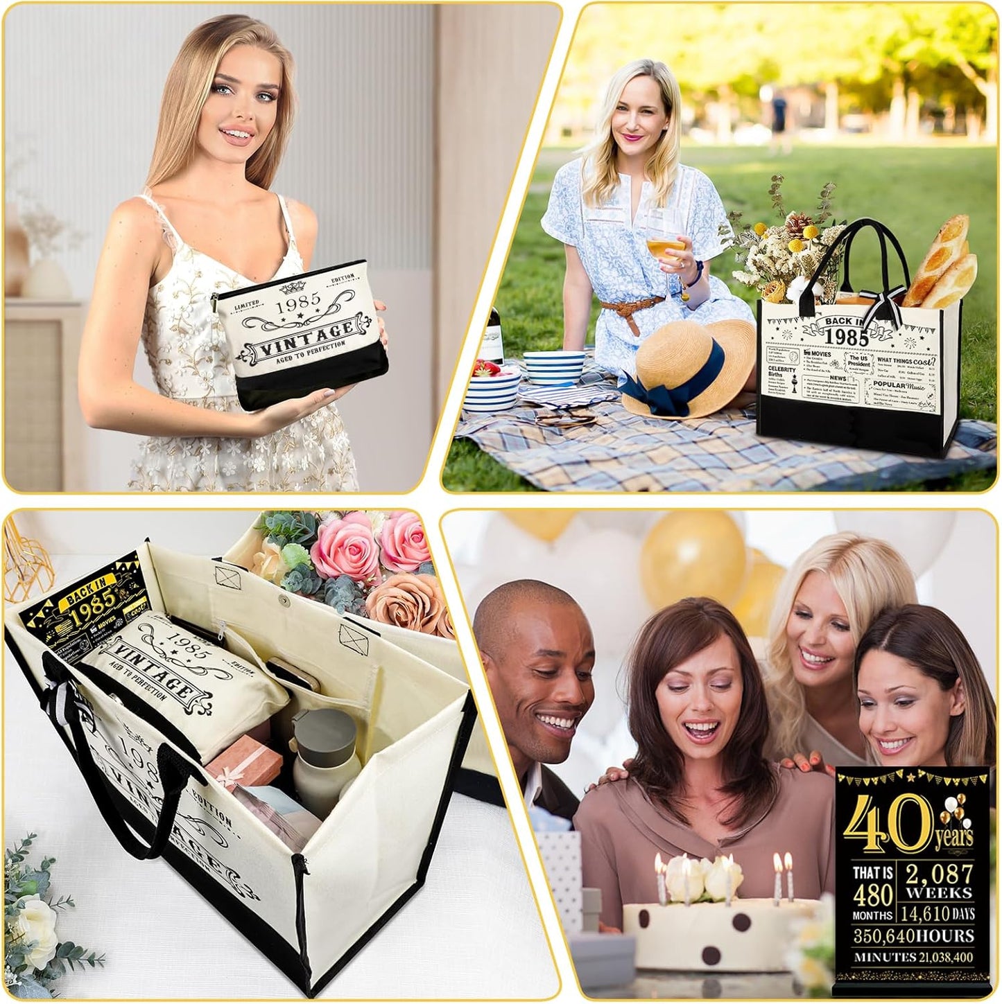40th Birthday Gifts for Women Canvas Tote Bag Travel Gear, Unique 40 Years Old Birthday Gifts for Mom Wife Aunt Friends Her, Vintage 1985 Handbag & Cosmetic Bag & Back in 1985 Poster