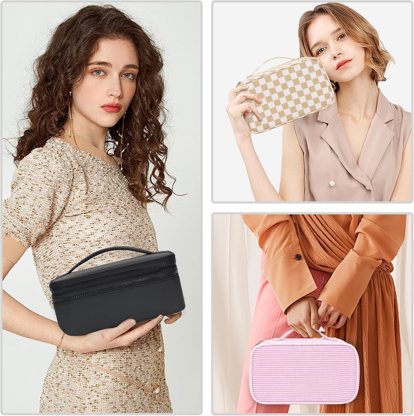 Relavel Makeup Bag Small for Women, Portable Cute Travel Cosmetic Bag, 2-Layers Design with Makeup Brush Compartment for Girls, Preppy Make Up Organizer for Travel Essentials Toiletries, Black