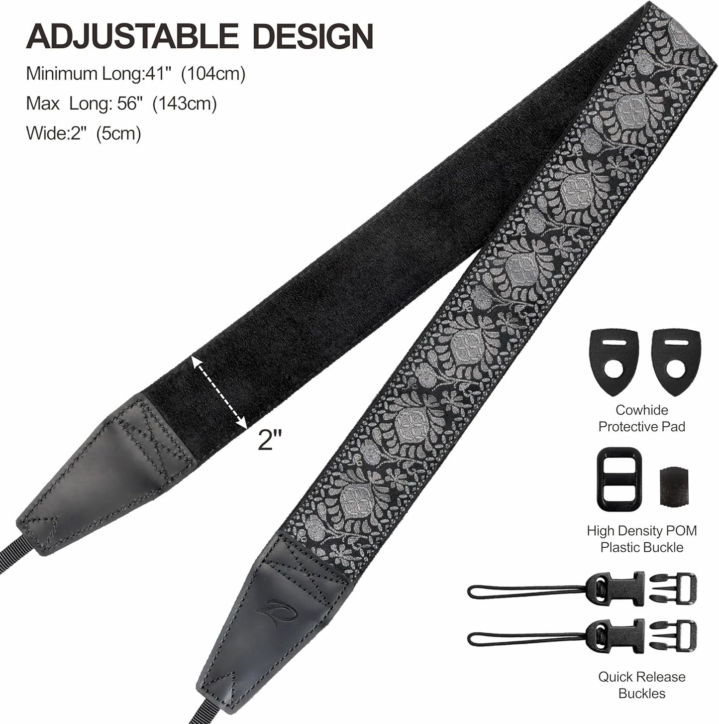 Padwa Lifestyle Camera Strap - 2" Full Grain Leather Ends Camera Straps for Photographers, Vintage Embroidered Cotton Weave Soft Suede Fabric Padded Strap Quick Release fits All Cameras