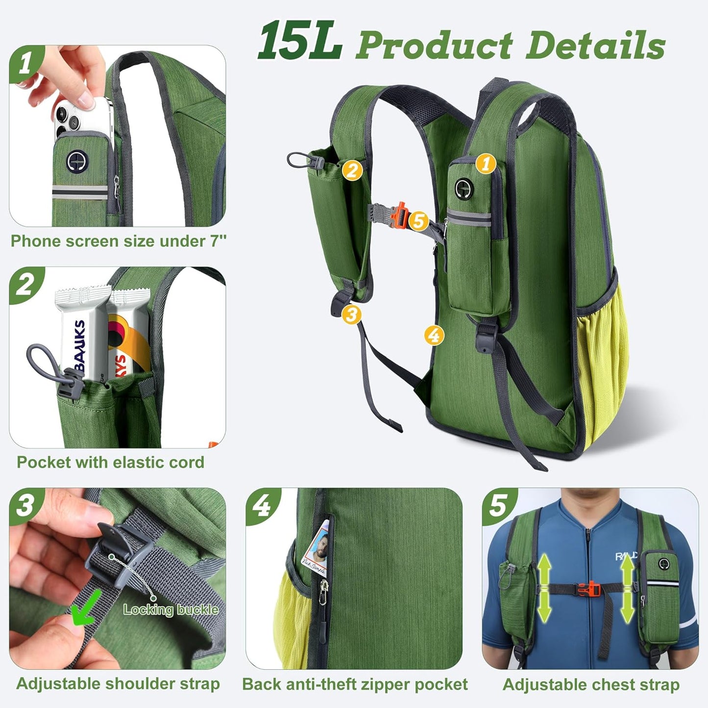 15L Small Hiking Backpack for Men Women Foldable Packable Back Pack Ultralight Hiking Daypack for Travel Camping Outdoor, Olive Green Yellow