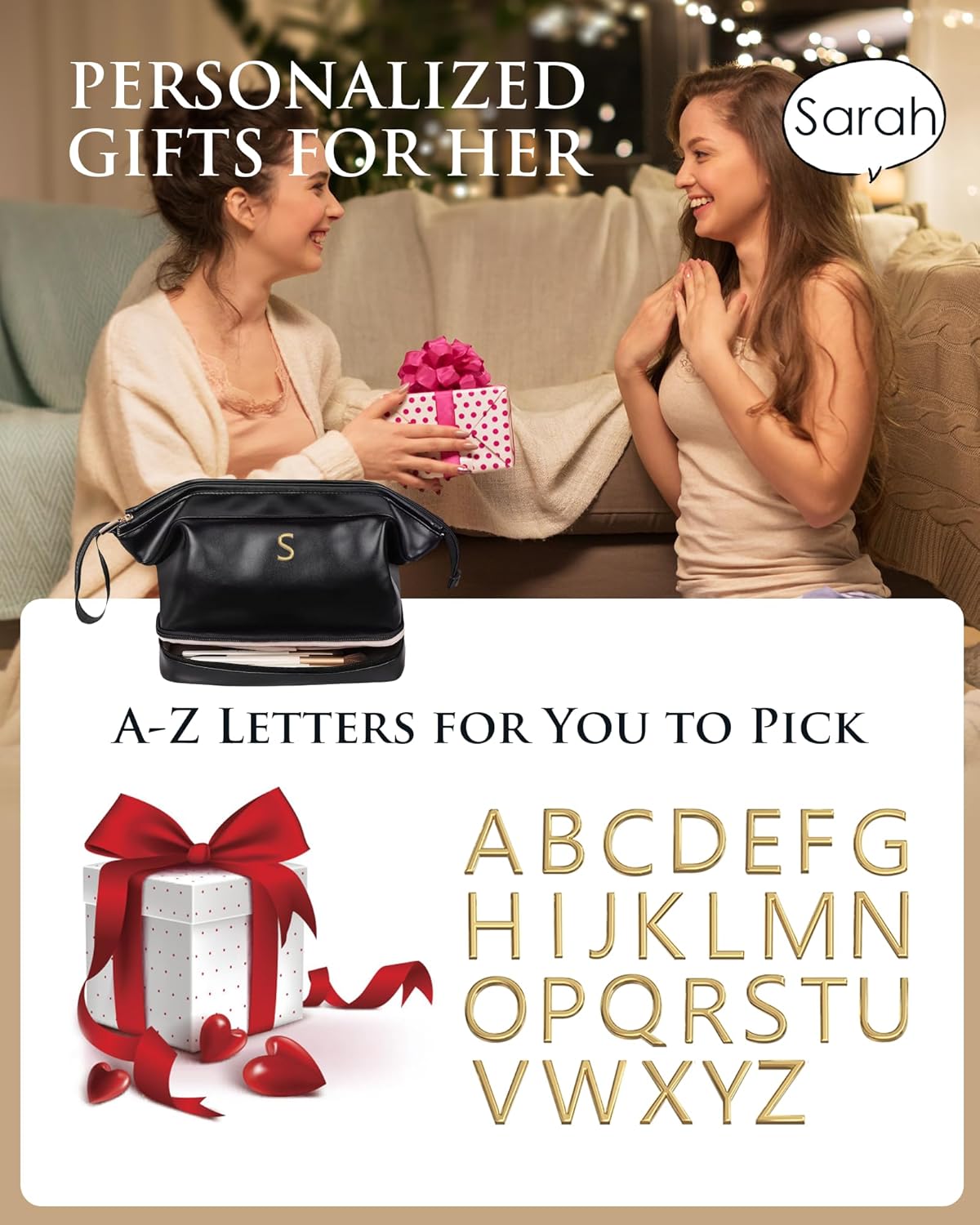 Girlfriend Gifts, Personalized Makeup Bag, Initial Double Layer Cosmetic Bag with Makeup Brush Organizer, PU Leather Travel Toiletry Bag Gifts for Women Her Friend Sister Mom Gifts