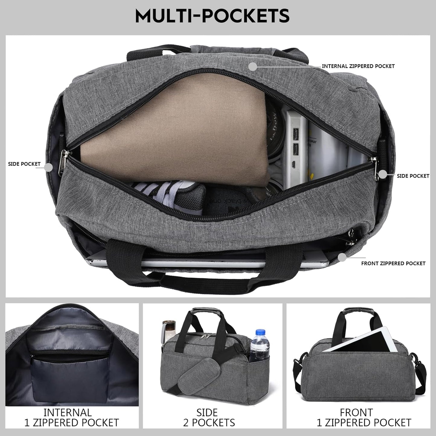 14 inch Small Gym Bag for Women & Men, Mini Duffel Bag for Travel Sports Lightweight Carry On Bag, Grey
