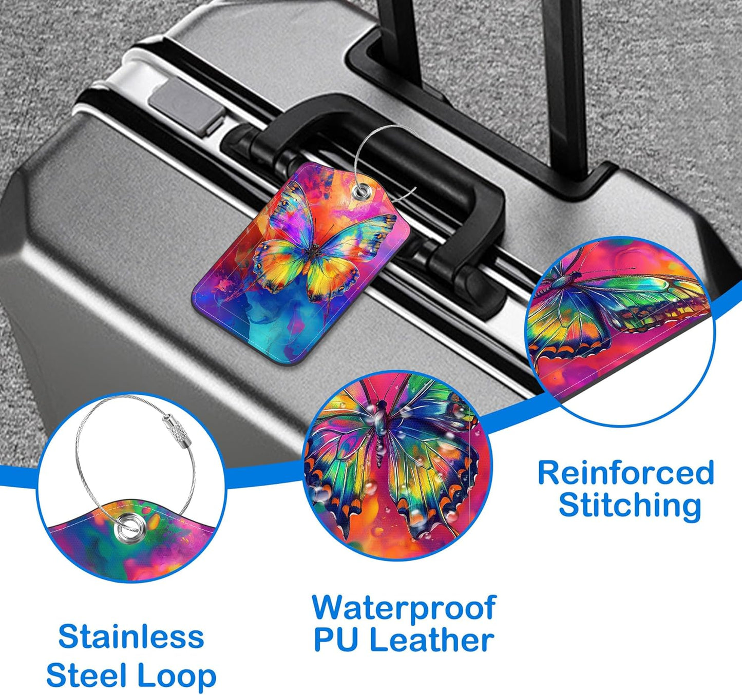 2 Pack Colorful Butterfly Luggage Tags PU Leather Suitcase Tags with Stainless Steel Loop Privacy Cover ID Label for Women Men Travel Bag Accessories
