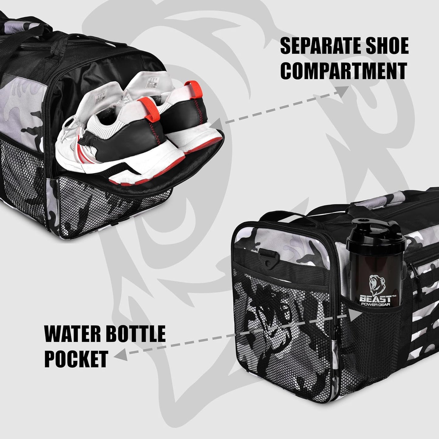 Unisex Duffel Bag Gray Camo, Extra Roomy Waterproof Gym Bag For Women with Shoe Compartment, Sports Bag with Zippered Pockets, Adjustable Strap