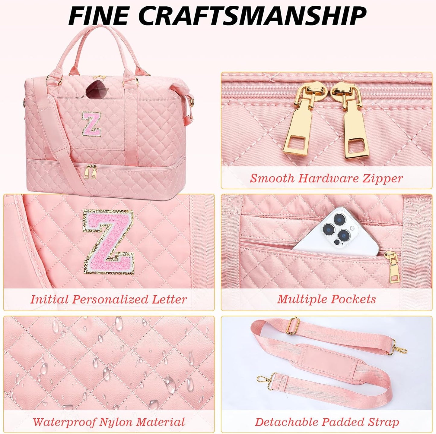 Gifts for Women Girls Birthday Christmas Initial Travel Duffle Bag Quilted Weekender Bags Carry-On Overnight with Cosmetic Bag, Gym Bag with Shoe Compartment, Pink-Z