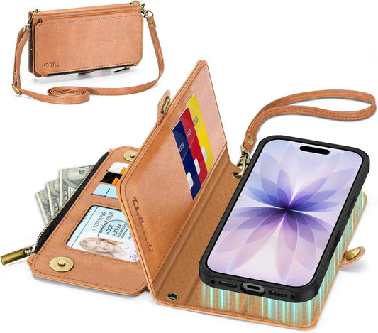 TUCCH Removable Crossbody Case Wallet for iPhone 17 (6.3-inch) 2025, Wireless Charging, RFID Blocking 9 Card Slots, Lanyard, Wrist Strap, Zipper Pocket, PU Leather, Stand Magnetic Cover, Light Brown
