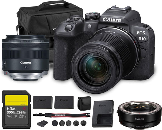 Canon EOS R10 Mirrorless Camera Kit| 24.2MP APS-C Sensor with RF-S 18-150mm Lens| 4K Video Dual Pixel AF Compact Travel Photography (5331C016)+ Canon RF 35mm Lens + Adapter EF-EOS R + 64GB Card + More