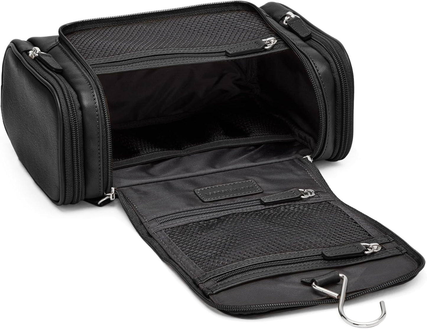 Leatherology Black Onyx Small Hanging Toiletry Kit – Compact Leather Travel Organizer with Interior Zip Pockets, Mesh Pouches & Hanger | Full-Grain Leather Toiletry Bag for Men & Women