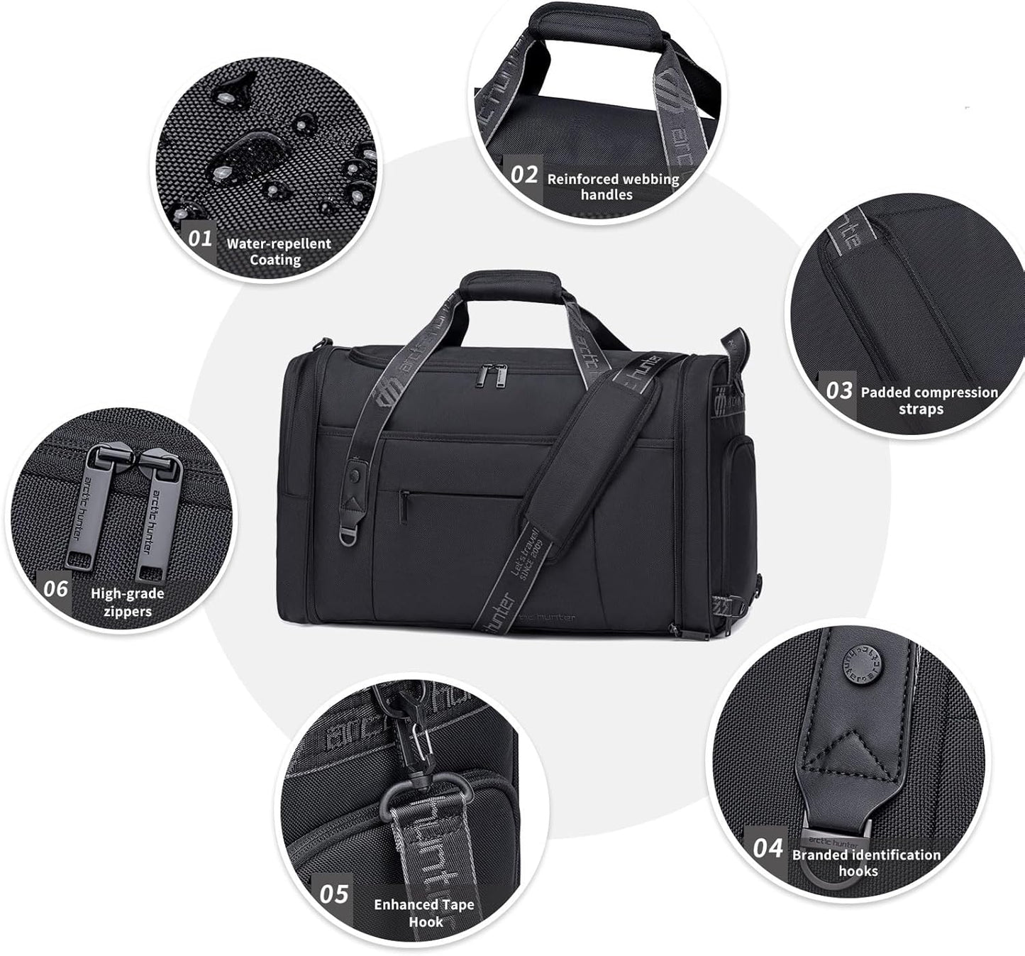 Gym Bags for Men Women, 42L Large Travel Duffle Bag, Carry On Bag for Airplanes with Shoe Compartment for Sports, Weekend Trips, Overnight and Camping - Black