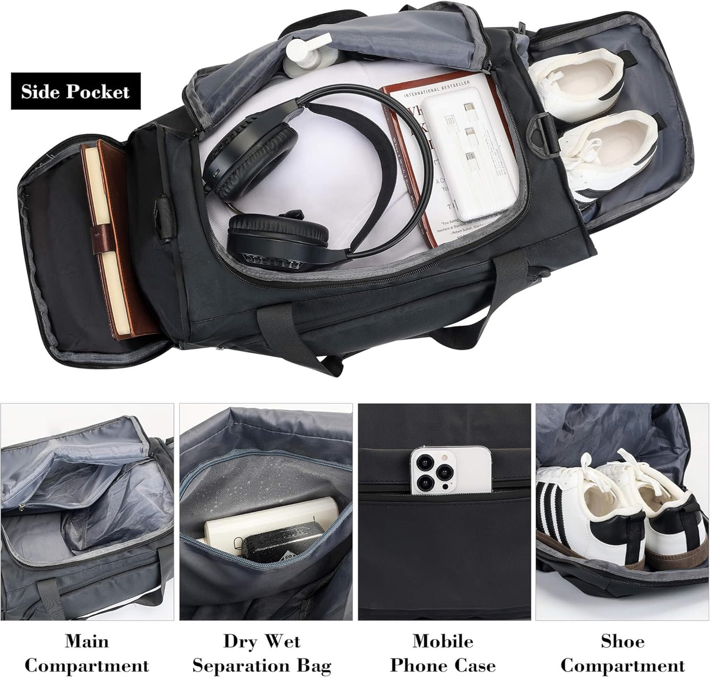 Gym Bags for Men and Women Sport Duffle Bag for Travel Carry on Duffel Bag with Shoe Compartment Dry and Wet Separation 35L Black（Upgrades）